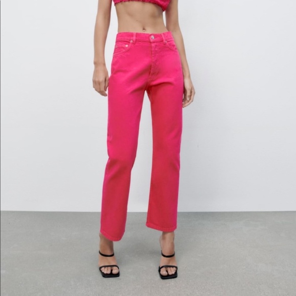 NWT Zara dark fuchsia high rise straight leg jeans - Picture 8 of 8